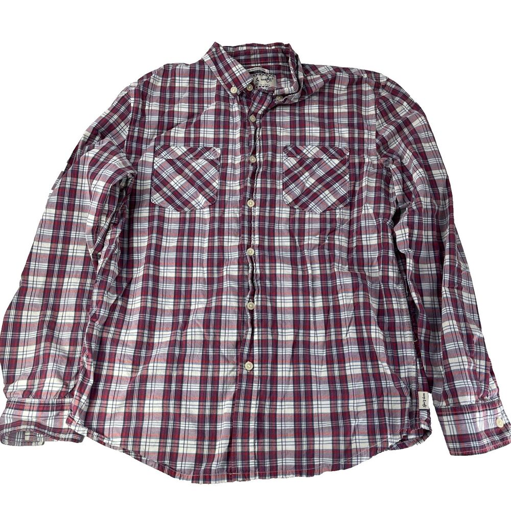 Warp & Weft Red White Blue Plaid Long Sleeve Button Down Shirt Size Large
